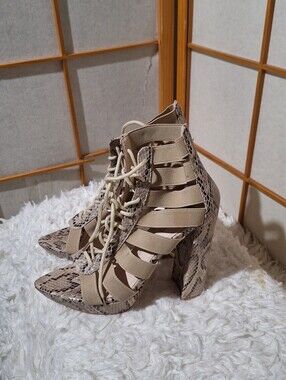 Snake-Print Lace-Up High Heel Sandals in Beige